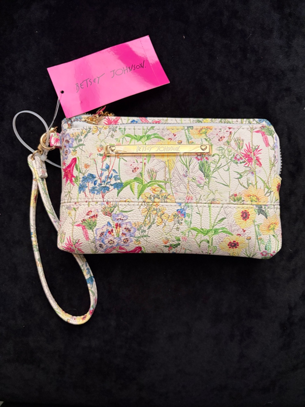 Betsey Johnson Cream Floral Wristlet Clutch with Gold Accent
